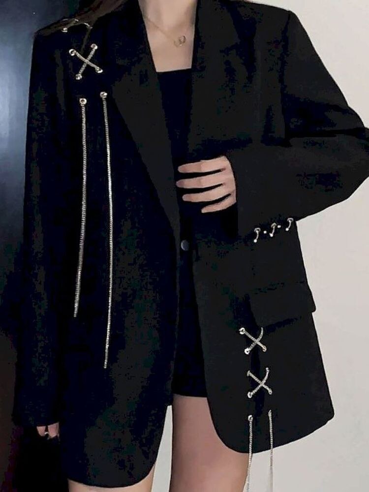 Chaqueta gótica para mujer, chaqueta informal a la , abrigo con cadena y bolsillo con hebilla única, ropa de calle, otoño e invierno, 2022: L