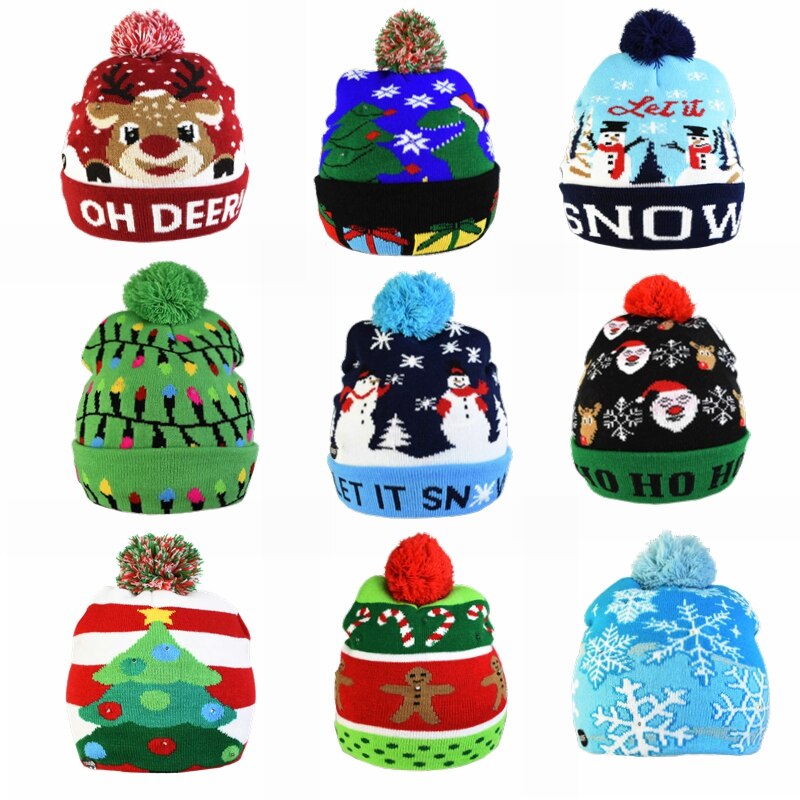 Julehuer beanie sweater led lys strik hue julepynt natal elg hue lys op strikket hue til børn