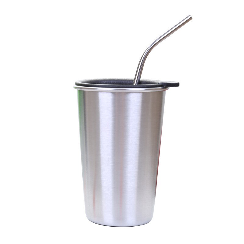 304 Stainless Steel Cup Anti-fall Beer Juice Cup Office Household Simple Metal Coffee Cold Drink Cup Straw Set