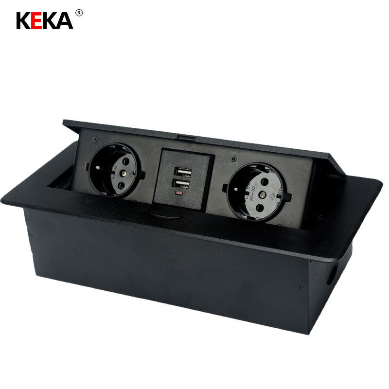 KEKA Desktop Socket Table Socket 2 EU Socket With USB Charging Computer Socket Slow Pop-up Black Aluminum Alloy Cover For Desk