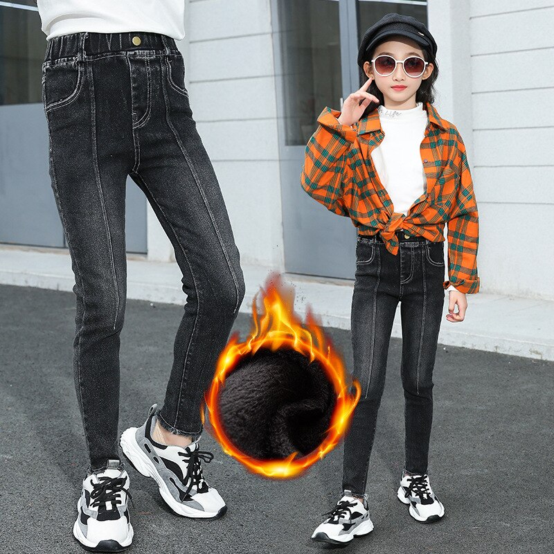 hiver filles Jean épaissir Jean maigre pour enfants coréen Denim pantalon noir Jean solide Jean pantalon Stretch fille pantalon