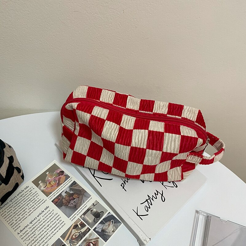 Cute Retro Checkerboard Grid Cow Print Pencil Bag Decorative Storage Pouch Girl Kawaii Stationery Pencil Cases School Supplies: A