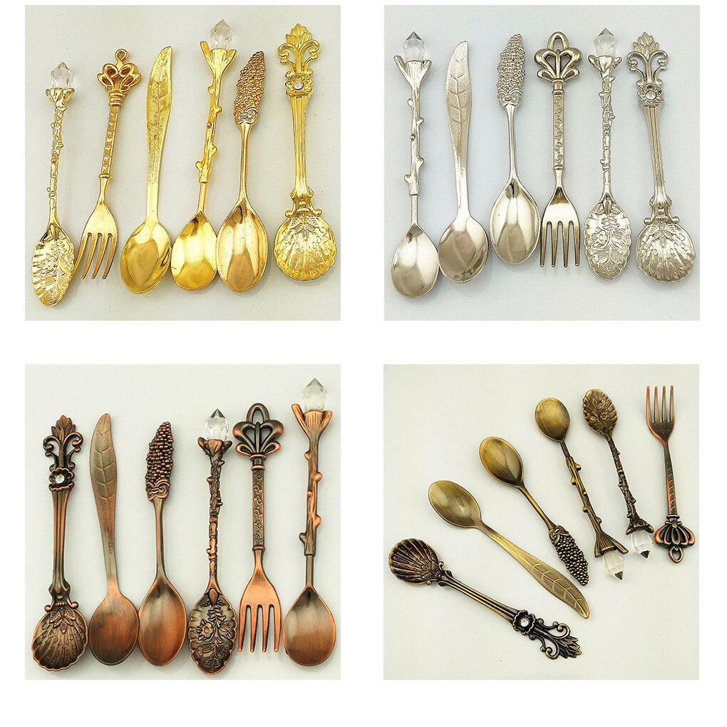 Estilo real clásico 6 uds bronce tallado respetuoso del medio ambiente pequeño té y café cucharas tenedor alimentos mezcla exclusiva