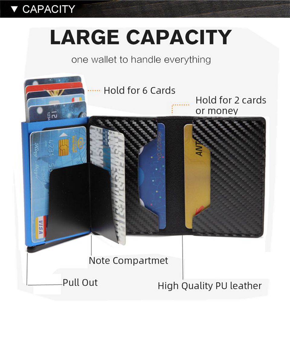 Men Automatic Credit card holder carbon fiber Leather Wallet Aluminum Mini Wallet With Back Pocket ID Card RFID Blocking purse