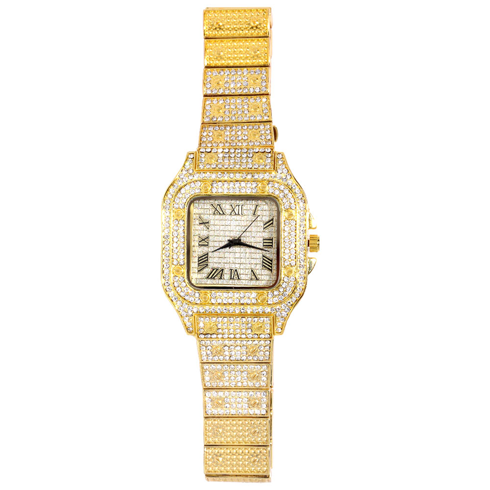 Iced out dameklokke gull sølvfarget firkantet diamanter kvarts luksuriøs hiphop-armbåndsur romersk klokke feminin relogio feminino
