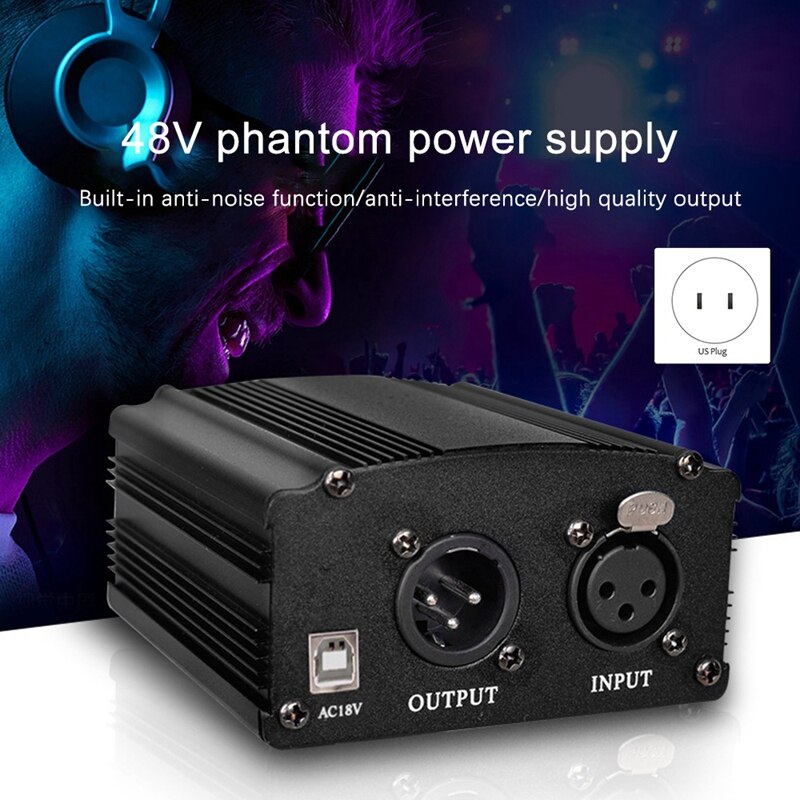 48V Dc Phantom Power Supply For Studio Recording Condenser Microphone Computer-US Plug
