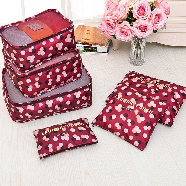 Reizen Verpakking Cubes 6 Stks/set Mode Waterdichte Grote Capaciteit Kleding Sorteren Organiseer Bag Opslag Pakket Mannen Weekender Tassen: Wine red flowers