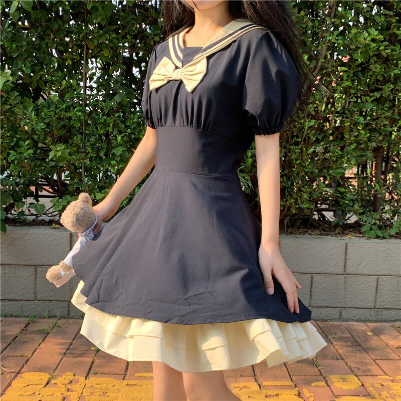 Japanese College Short Sleeve Dress Girls Sailor Medium-length Dress Summer JK Uniforms Dress school uniform