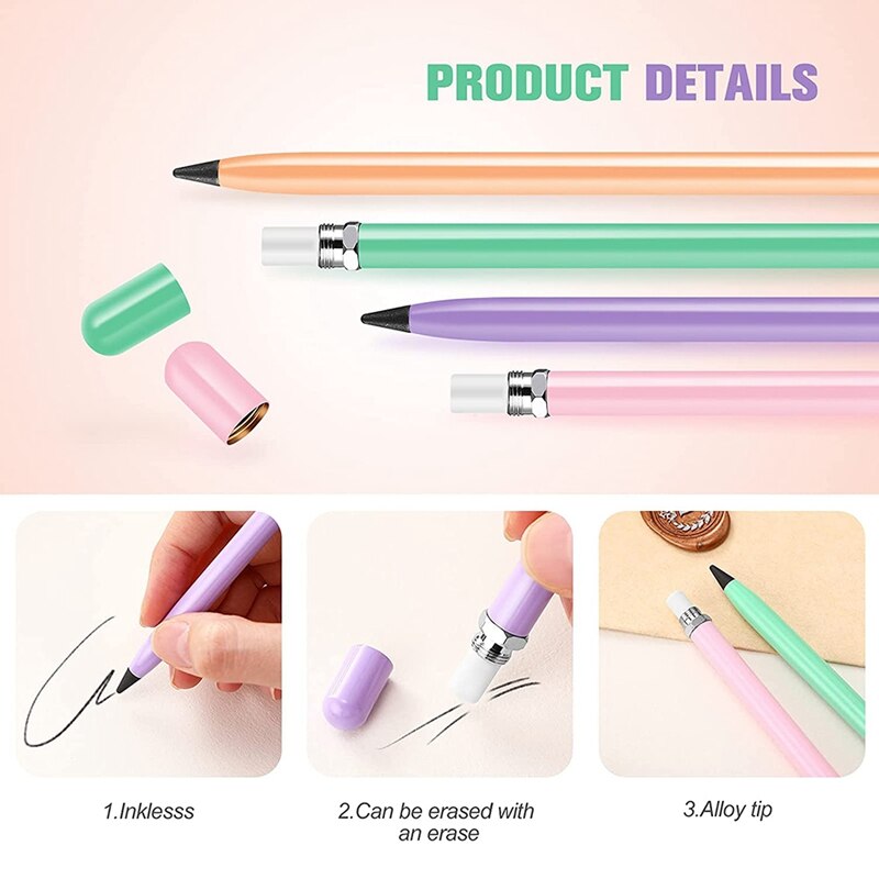 4 Pieces Metal Inkless Pen Metal No Ink Pencil Infinite Metallic Write Pen Metallic Erasable Pen for Kids and Adults