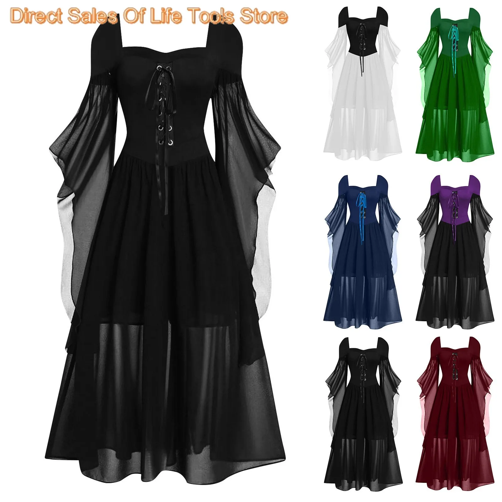 2024 Medieval Witch Dress For Women Halloween Carnival Women Plus Size Cold Shoulder Butterfly Sleeve Halloween Gothic Dress