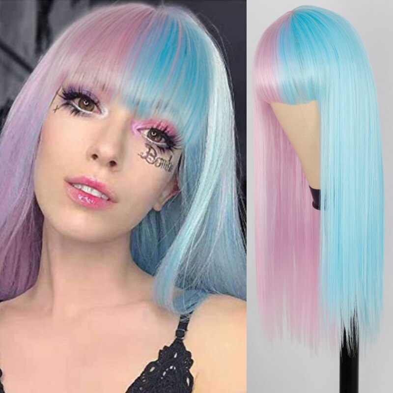 Synthetic wig Purple and Black Wig Long Straight hair Cosplay Wig Halloween wig Two Tone Ombre Color Women Hair Wigs Pink Green: 203L