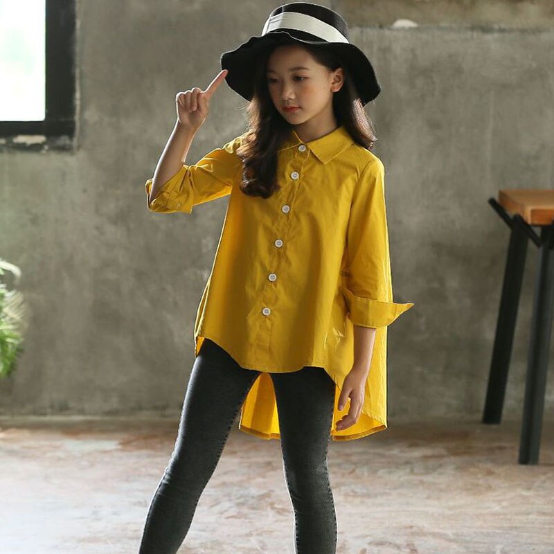 Blouses pour fille retour à l'école enfants vêtements à manches longues col rabattu blanc jaune haut d'automne enfants chemises fille Blouse: Yellow / 16T