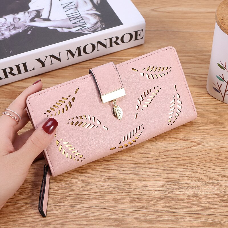 Vrouwen Portefeuilles Pu Lederen Portemonnees Vrouwelijke Lange Portefeuilles Gold Hollow Bladeren Pouch Handtas Voor Vrouwen Portemonnee Kaarthouders Clutch: Pink