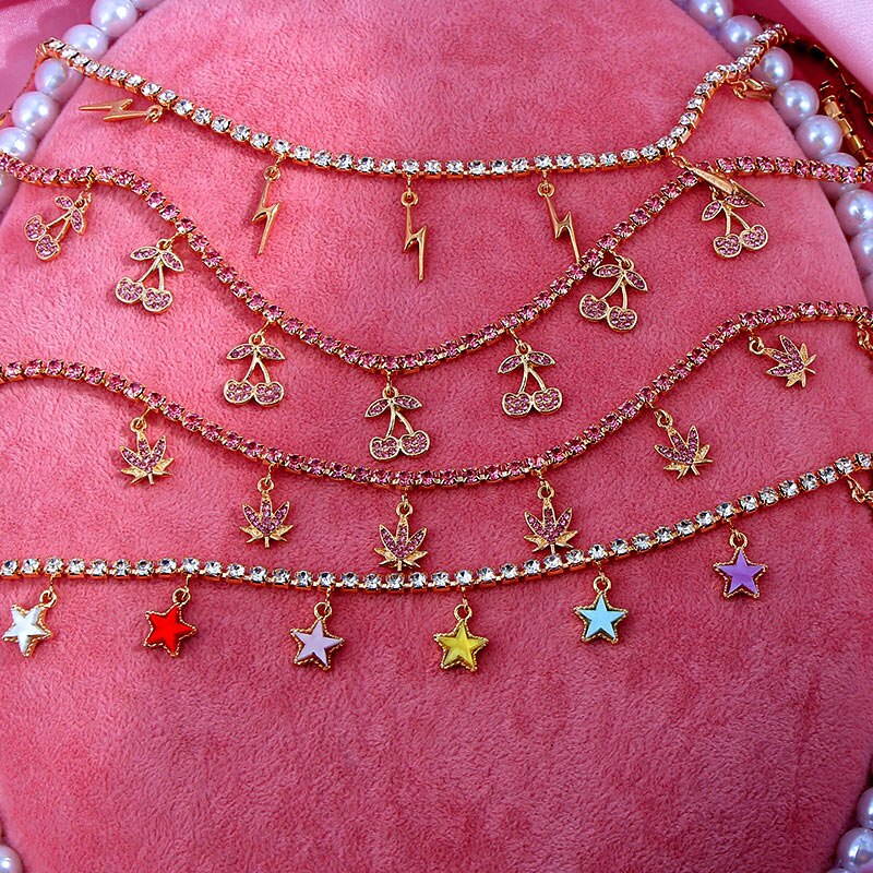 Bling bling verstelbare vrouwelijke tennisketting choker bliksem kersenblad ster hangers dames ketting sieraden