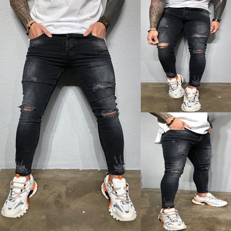 Men Long Pencil Pants Skinny Ripped Jeans Slim Spring Hole Jeans Men Hip-Hop Ankle Totem Denim Trousers