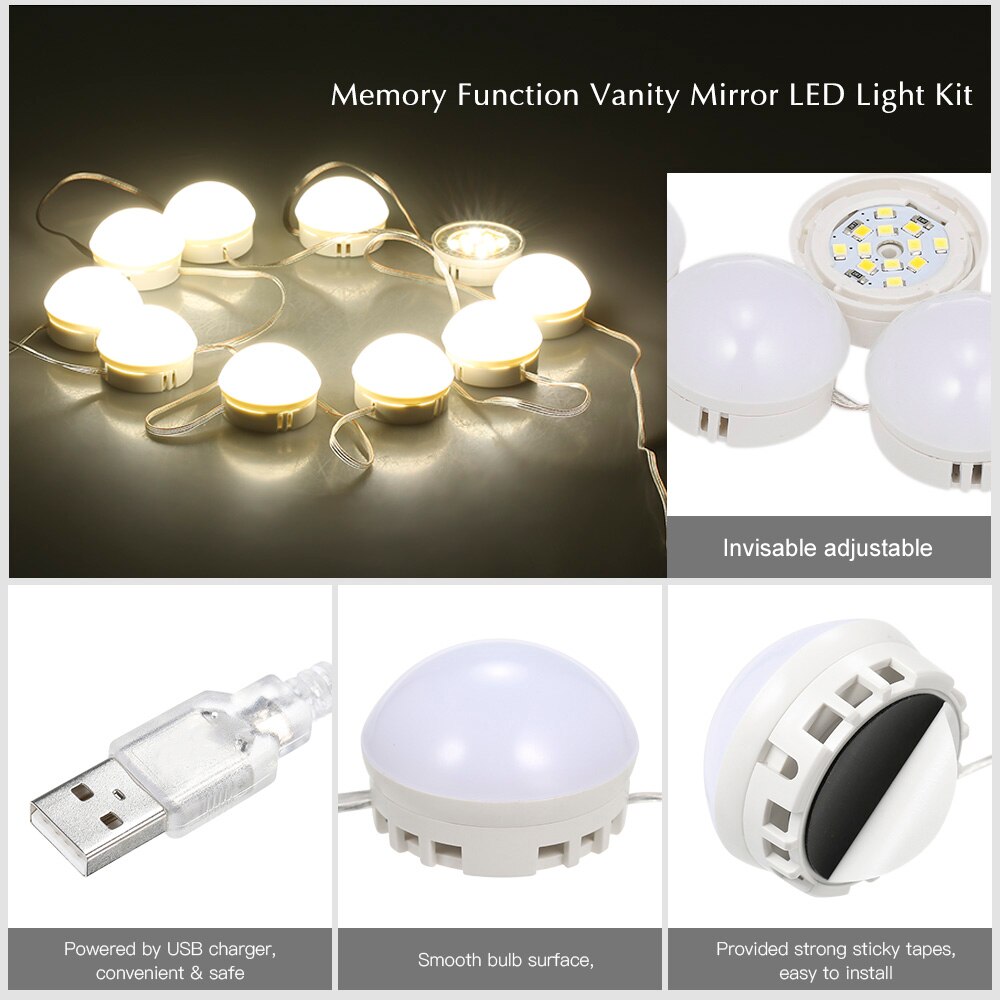 10 LED Vanity Mirror Lights Kit with Dimmable Light Bulbs Lighting Fixture Strip for Makeup Vanity Table Set in USB Port