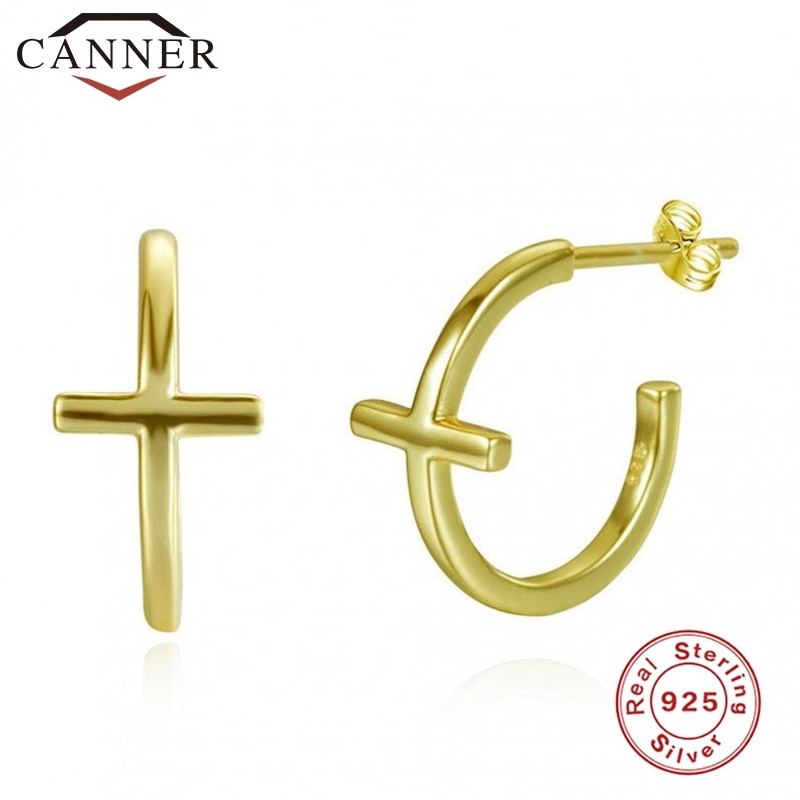 Simple 925 Sterling Silver Cross Stud Earrings for Women Gold Silver color Open Studs Party Earrings Jewelry