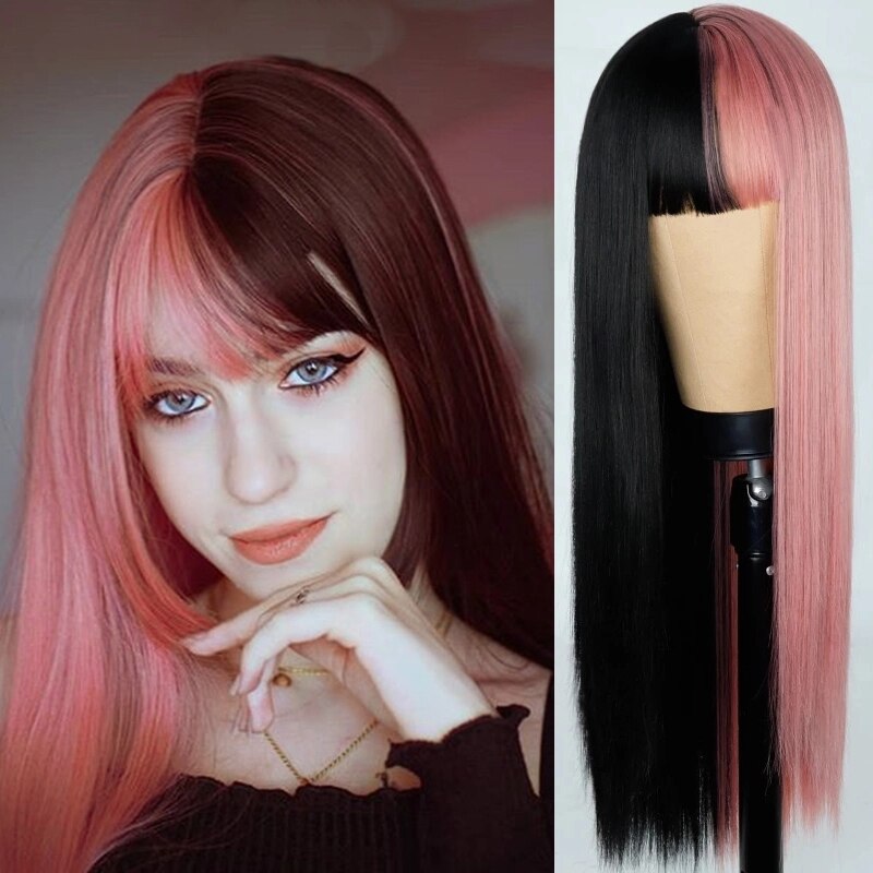 Synthetic wig Purple and Black Wig Long Straight hair Cosplay Wig Halloween wig Two Tone Ombre Color Women Hair Wigs Pink Green: 1B-97C