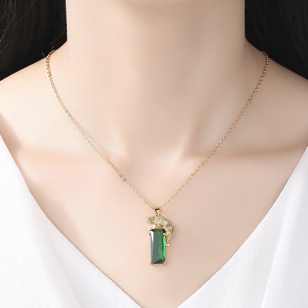 Geometrische Vierkante Groene Steen Hanger Ketting Goud Kleur Leopard Animal Kettingen Voor Mannen Vrouwen Mode-sieraden