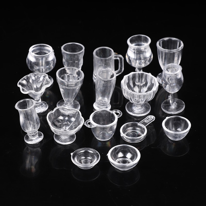 13/17Pcs Mini Transparent Kitchenware Toy Drink Cups Plate Tableware Miniatures