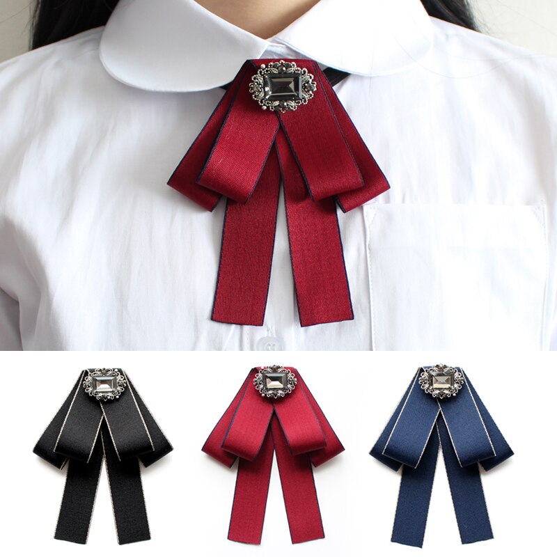 Corbata de lazo de cristal para mujer, corbatas de tela de estilo británico, Retro, arte de tela, Tops, blusa, camisa, accesorios, novedad
