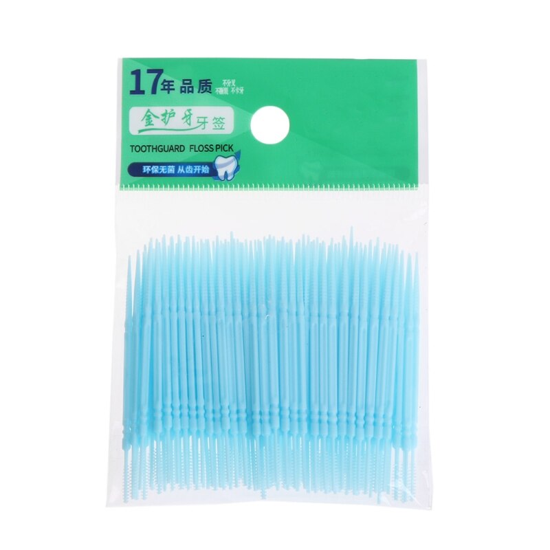 100Pcs/Lot Soft Plastic Double-headed Brush Stick Floss Pick Toothpick Oral Care: Blue