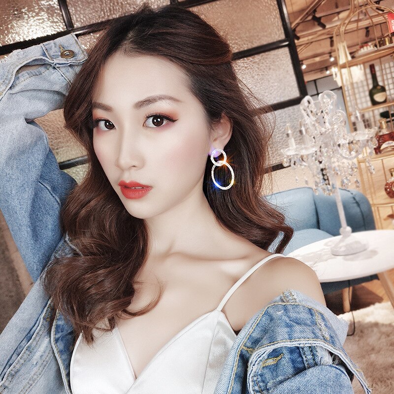 Annular Round Hoop Woman Earrings Double ring Rhinestone Office career Shining Korean Earrings Jewellery
