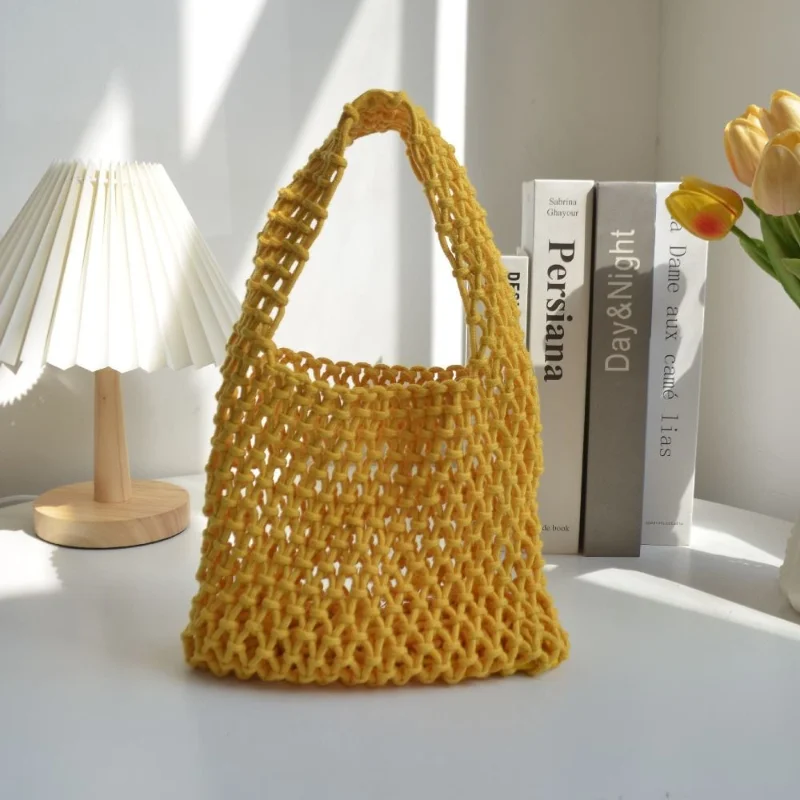 Borsa a tracolla da spiaggia di nuova personalità Corda di cotone Borsa monospalla intrecciata scavata Borsa sotto le ascelle da donna di grande capacità: YELLOW