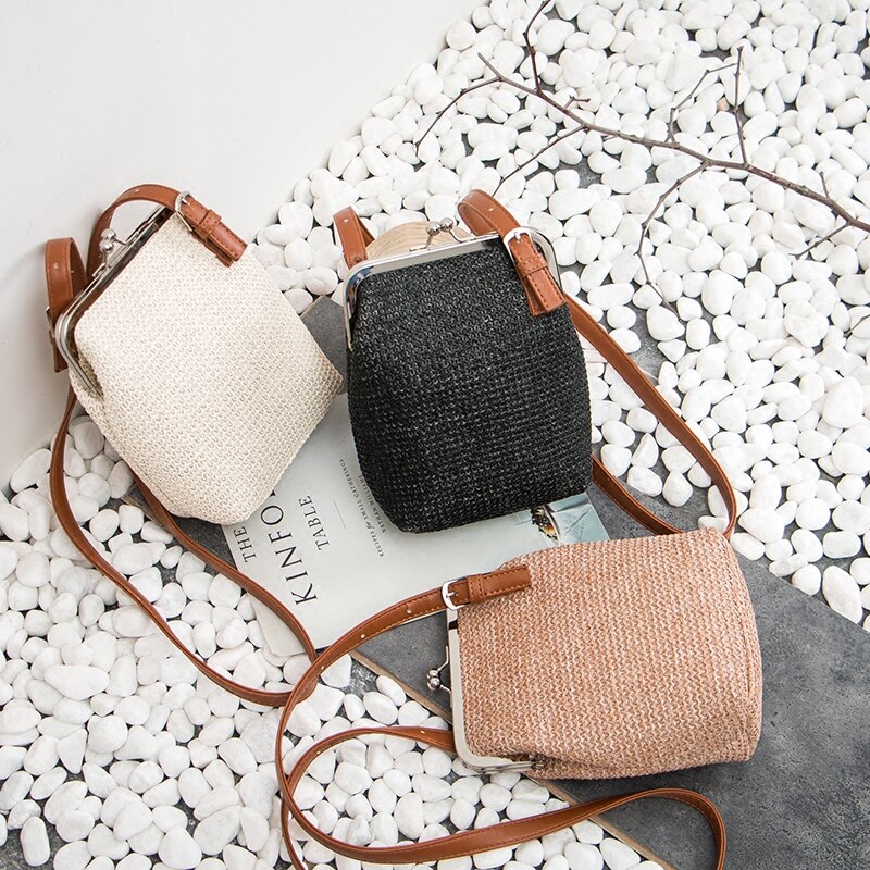 Sommer liten stråflettet veske kvinner stråskallsekker dame strandstrå skulderveske kvinnelig råtnende retro messengervesker