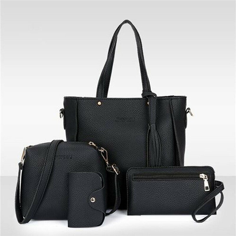 Noenname à moda 4 pçs/set feminina senhora moda bolsa de couro bolsa ombro bolsa bolsa bolsa bolsa de embreagem bolsa de moedas sacos do mensageiro: Black