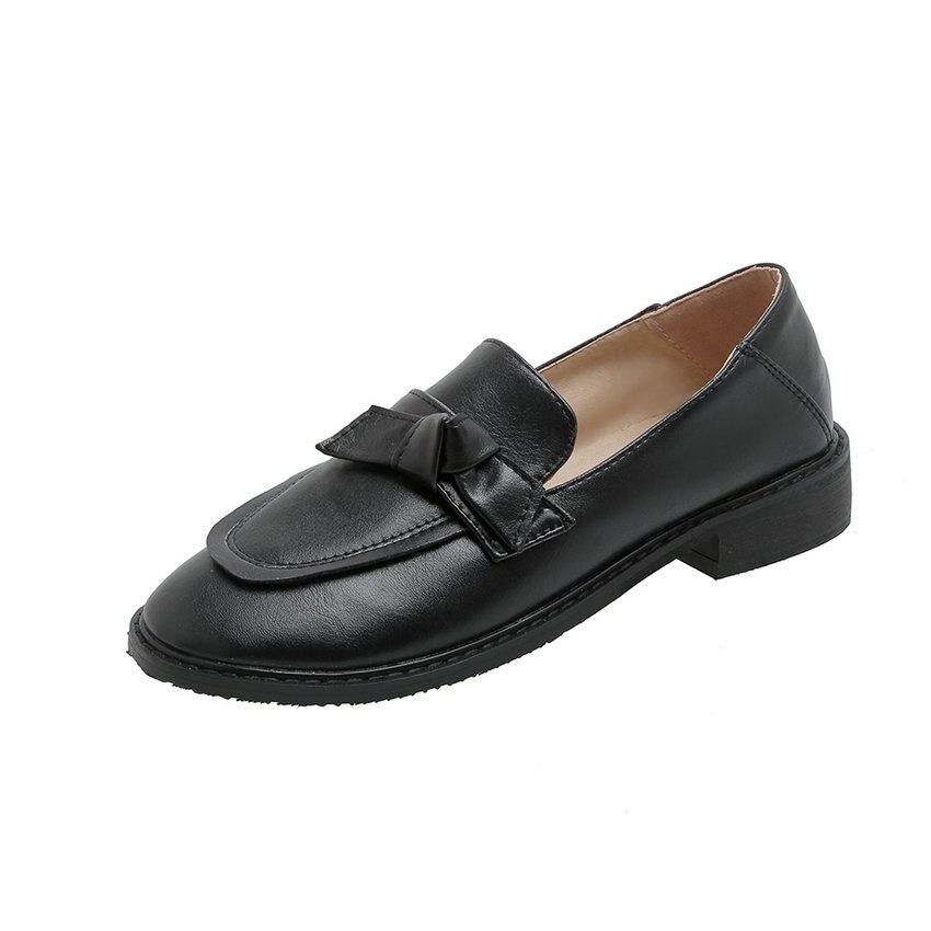 Qutaa sommerfugleknude rund tå kvinder sko pu læder casual damer pumps firkantet hæl slip on single sko stor størrelse 34-43: Sort / 7