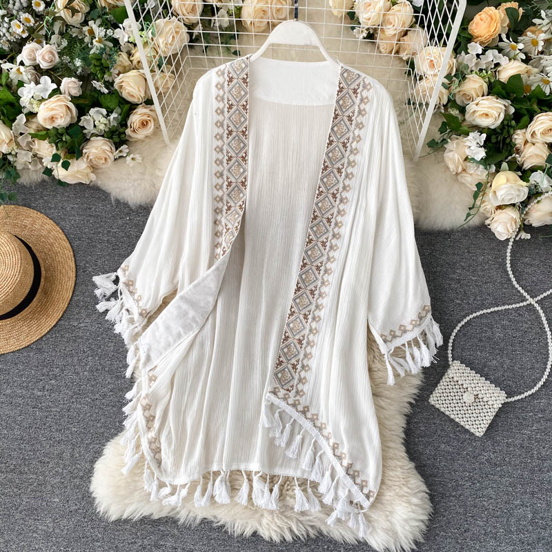 Teelynn Wit Katoen Etnische Borduren Kimono Robe Vrouw Lange Blouse Vest Ssummer Boho Strand Tassle Bohemian Bikini Cover Up