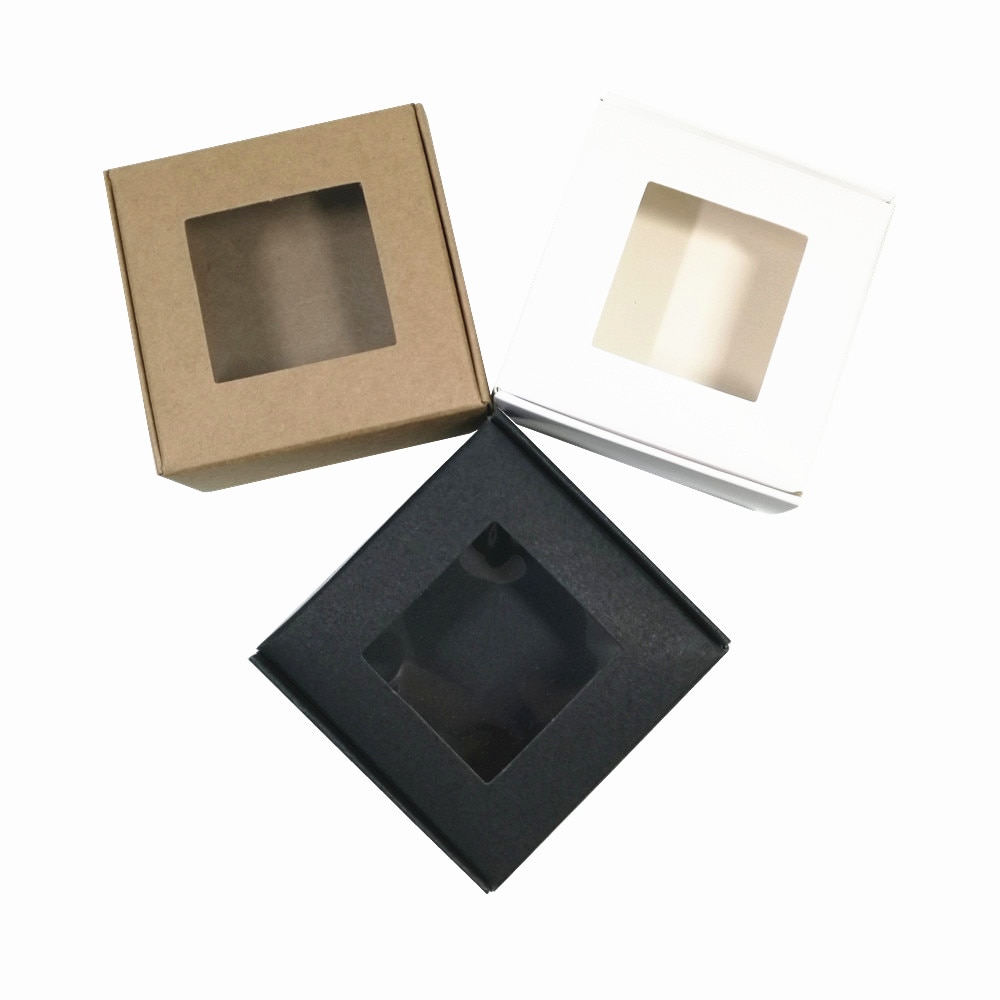 20PCS/ Lot Foldable Kraft Paper Box Retro DIY Paperboard Case Jewelry Craft Soap Mini Cake Storage Boxes With Clear Window