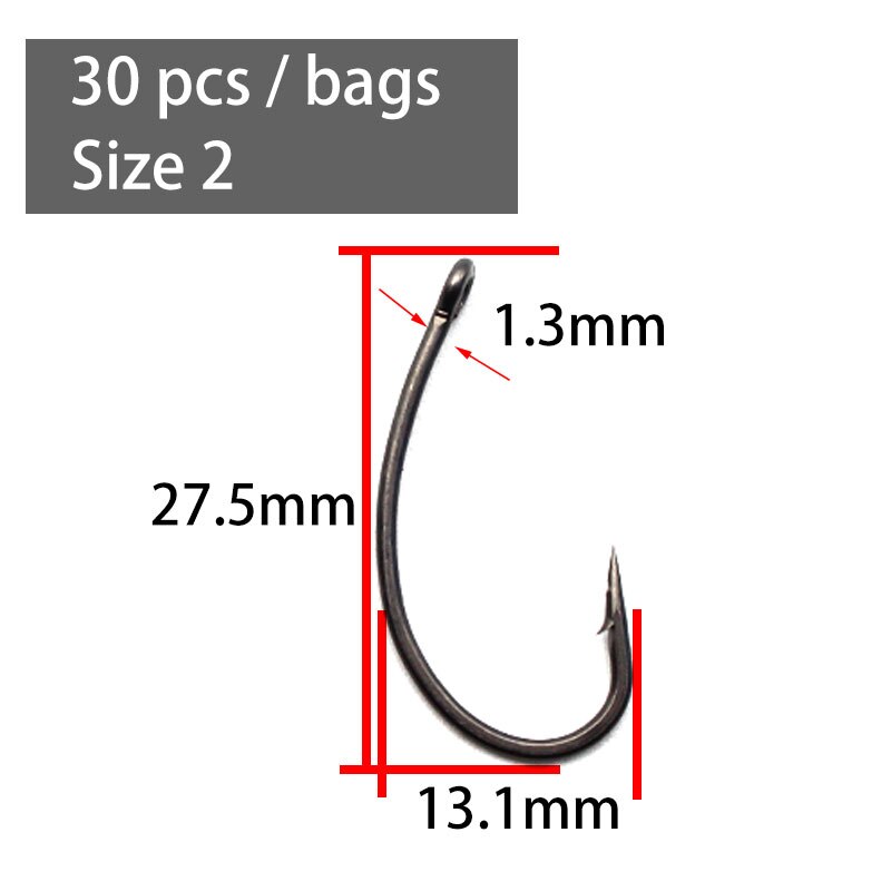 30PCS Curve Shank Carp Hooks Brabed Barbless Choddy Wide Kurv Carp Fishing Hook Eye Hook For Hair Rig Fishing Tackle: 30PCS-Size 2