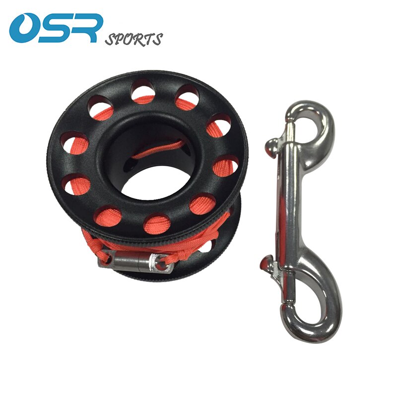 Duiken Aluminium Reel met 30m orange platte touw met 90mm 316 rvs double end karabijnhaak en twist protector