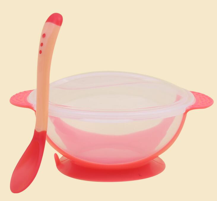 Babybestick 3 stycken / set babysugsservis baby skedskål med temperaturavkänning barnmat matning säker skål servis: Röd täcksked