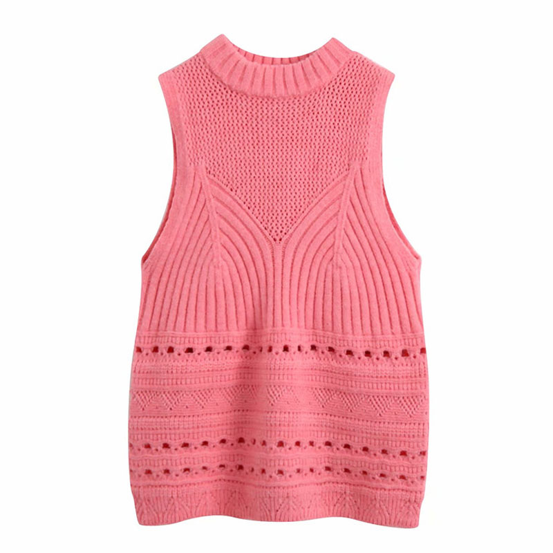 femmes doux rose évider sans manches pull Vintage O cou gilet filles Chic hauts