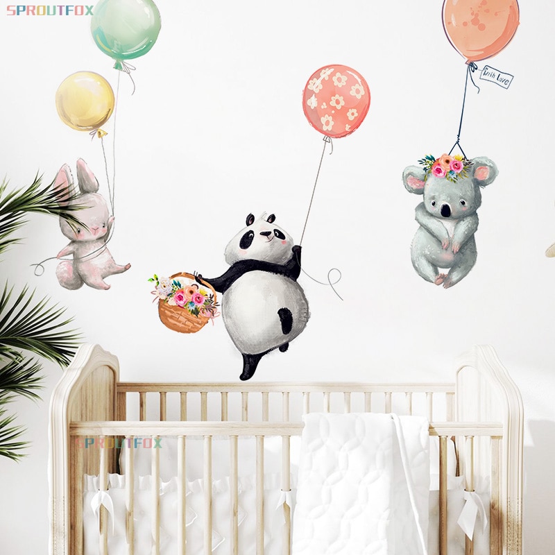 Schattige Dieren Panda Konijn Koala Met Ballon Slaapkamer Muurstickers Voor Kinderen Kamers Nursery Woondecoratie Kawaii Muurstickers