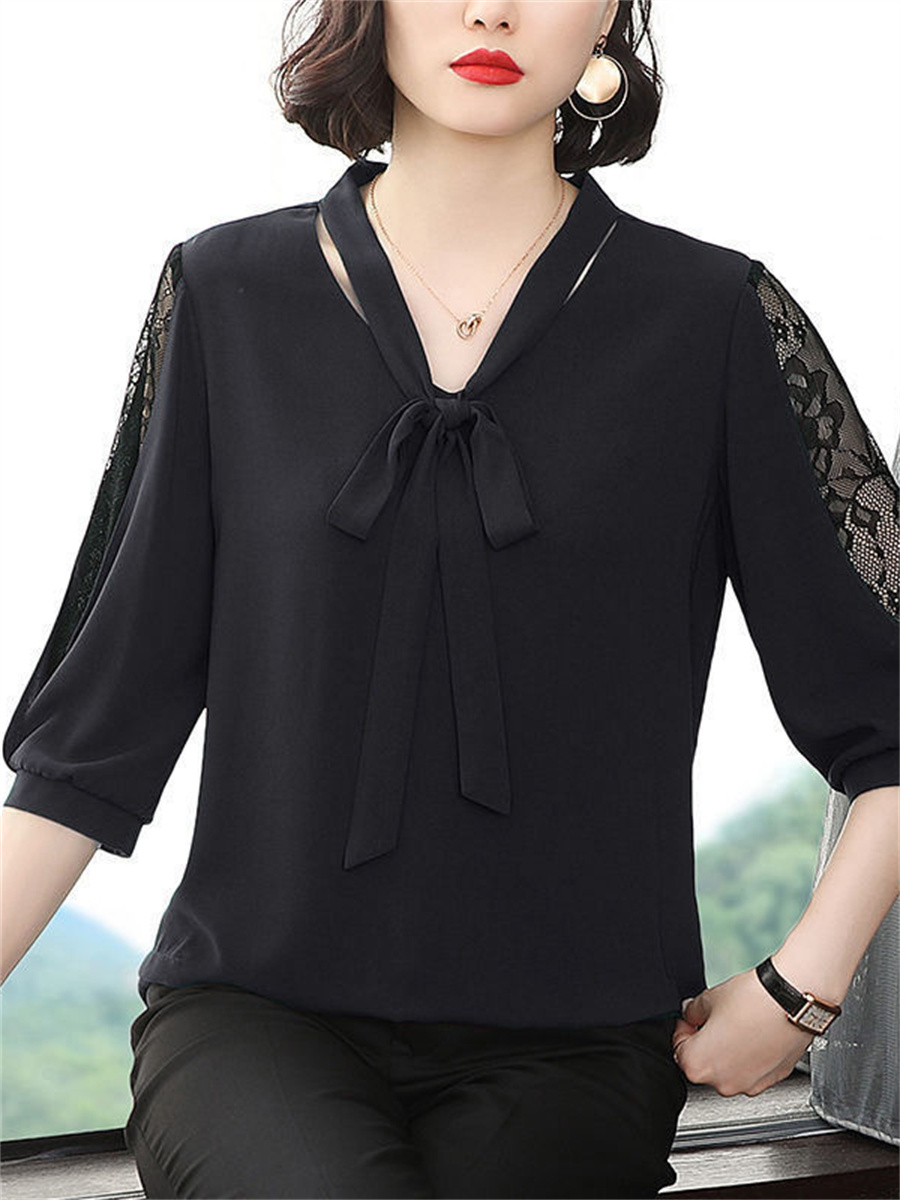 Femmes printemps été Style Blouses hauts dame décontracté nœud papillon Colloar demi manches en dentelle lâche haut Blouse DF4275