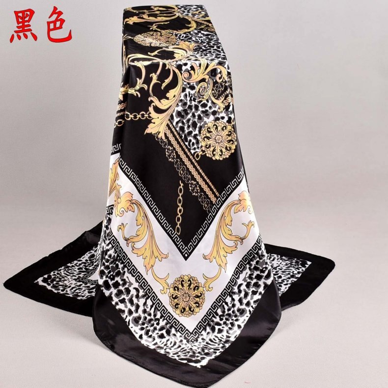 Hair Scarf for Women Floral Print Satin Shawl Silk Scarfs Female Neckerchief 90cmx90cm Square Shawls Scarves For Ladies: Black