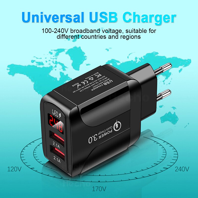 Cargador USB de 18W para móvil, dispositivo de carga rápida con pantalla LED QC 3,0 de 2.4A, doble USB, para iPhone, Samsung, Xiaomi, Huawei