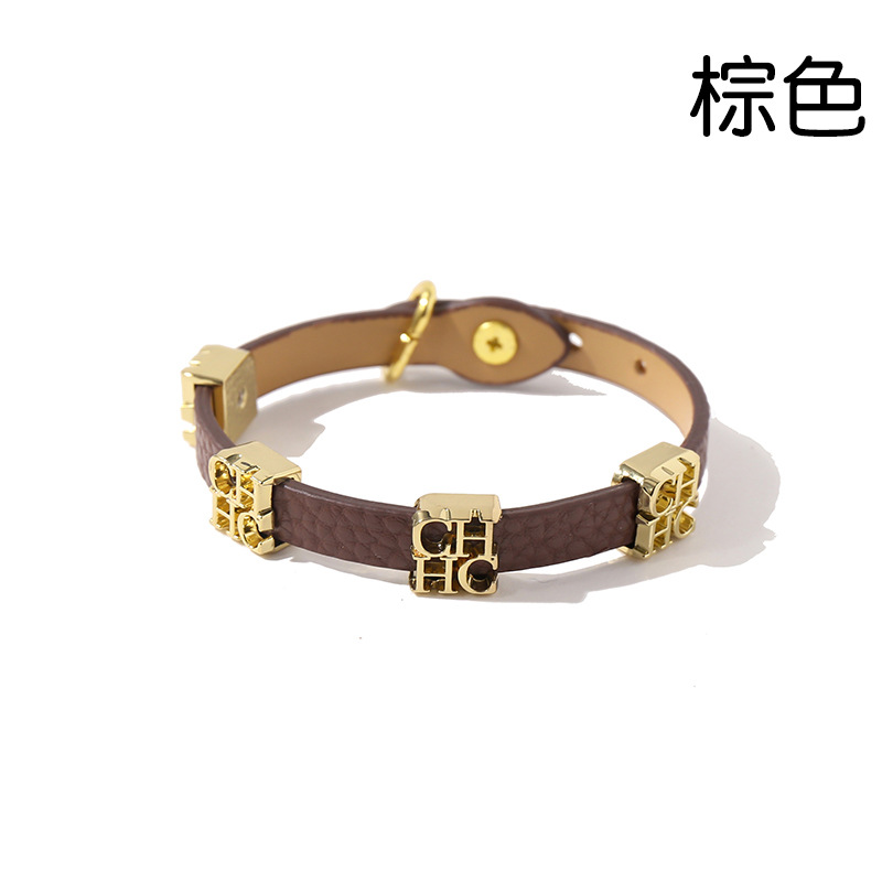 Titanium steel glossy gold CH lettered double loop leather bracelet for women: Antique Bronze Plated