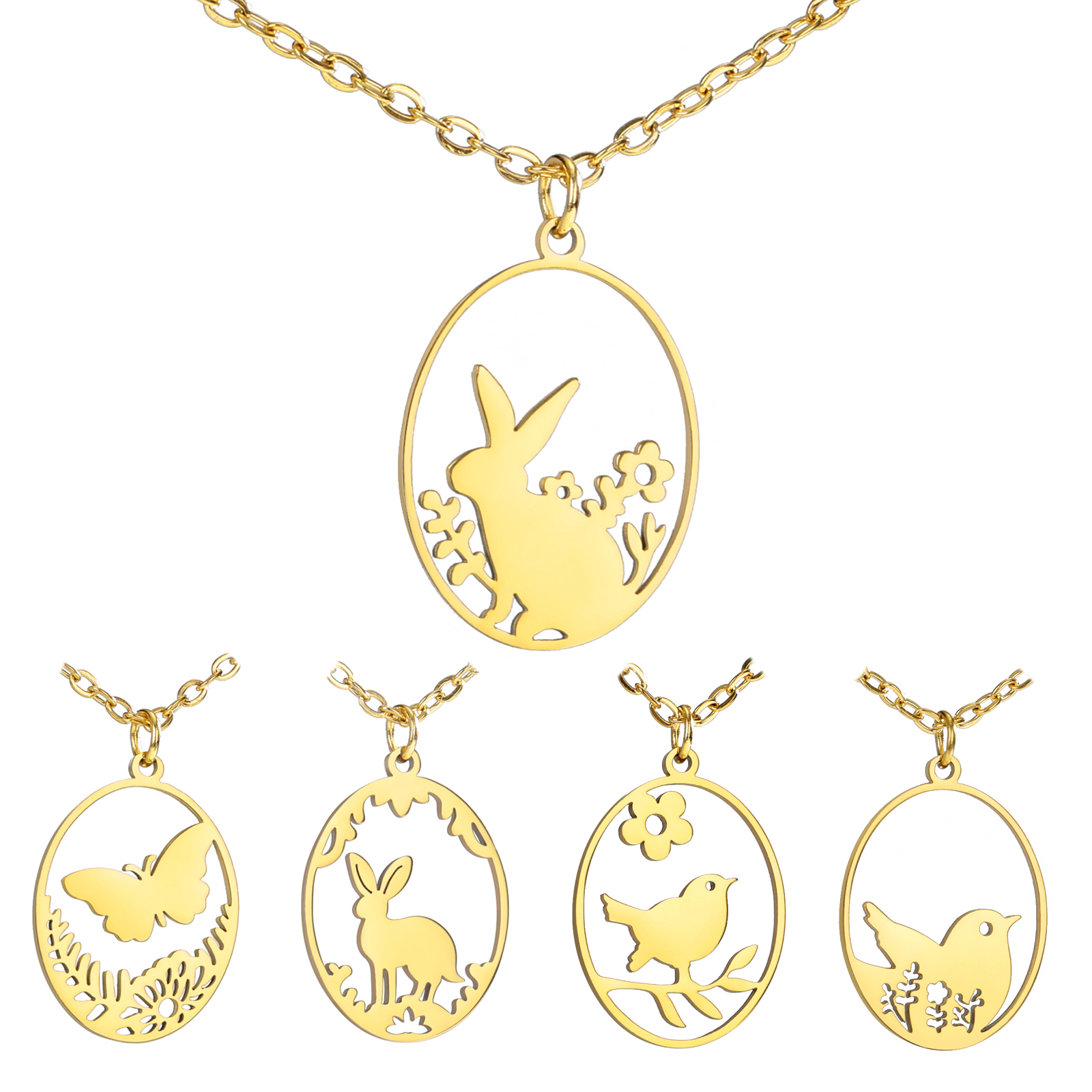 Roestvrijstalen Holle Ellips Dieren Hangers Ketting Meisjes Mode Schattige Konijn Vogels Serie Ketting Ketting Sieraden Voor Vrouwen