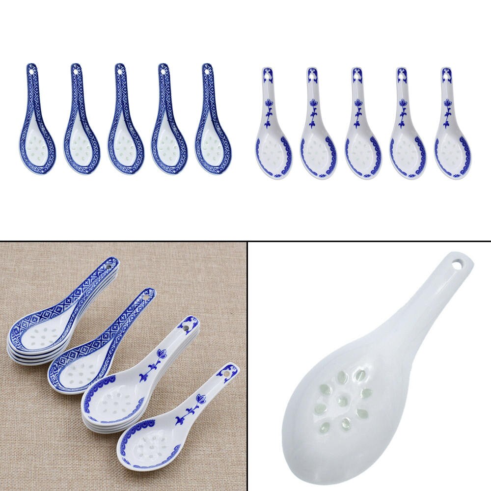 5pcs Chinese Style Ceramic Spoon Blue And White Porcelain Spoon Rice Scoop Spoons Kitchen Tableware