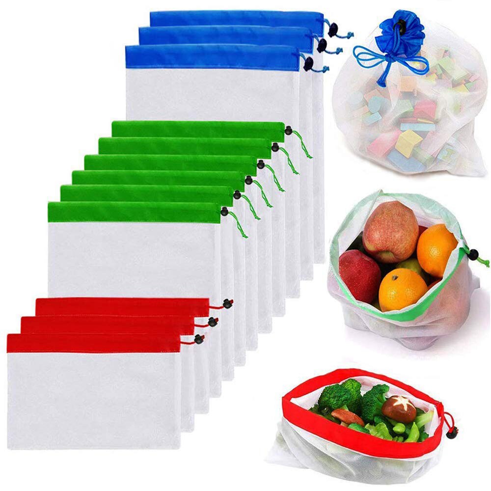 12 stuks herbruikbare netzakken voor boodschappen, fruit, groenten, speelgoed, diversen, organizertas, thuis, keuken, trekkoordtas