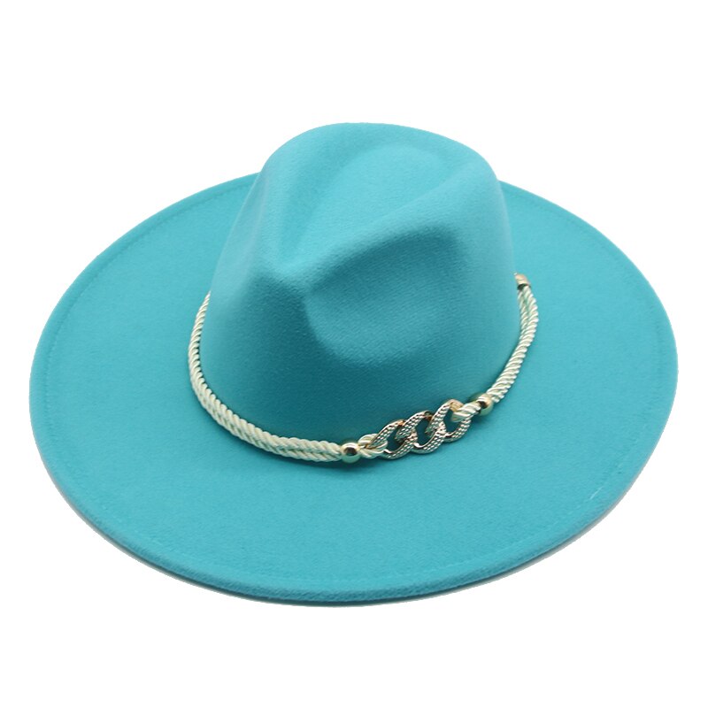 Grote Rand Winter Hoeden 9.5Cm Effen Kleur Kaki Winter Vrouwen Hoeden Brede Rand Formele Fedora Vilten Hoeden Vrouwen Hoeden sombrero De Mujer: lake blue