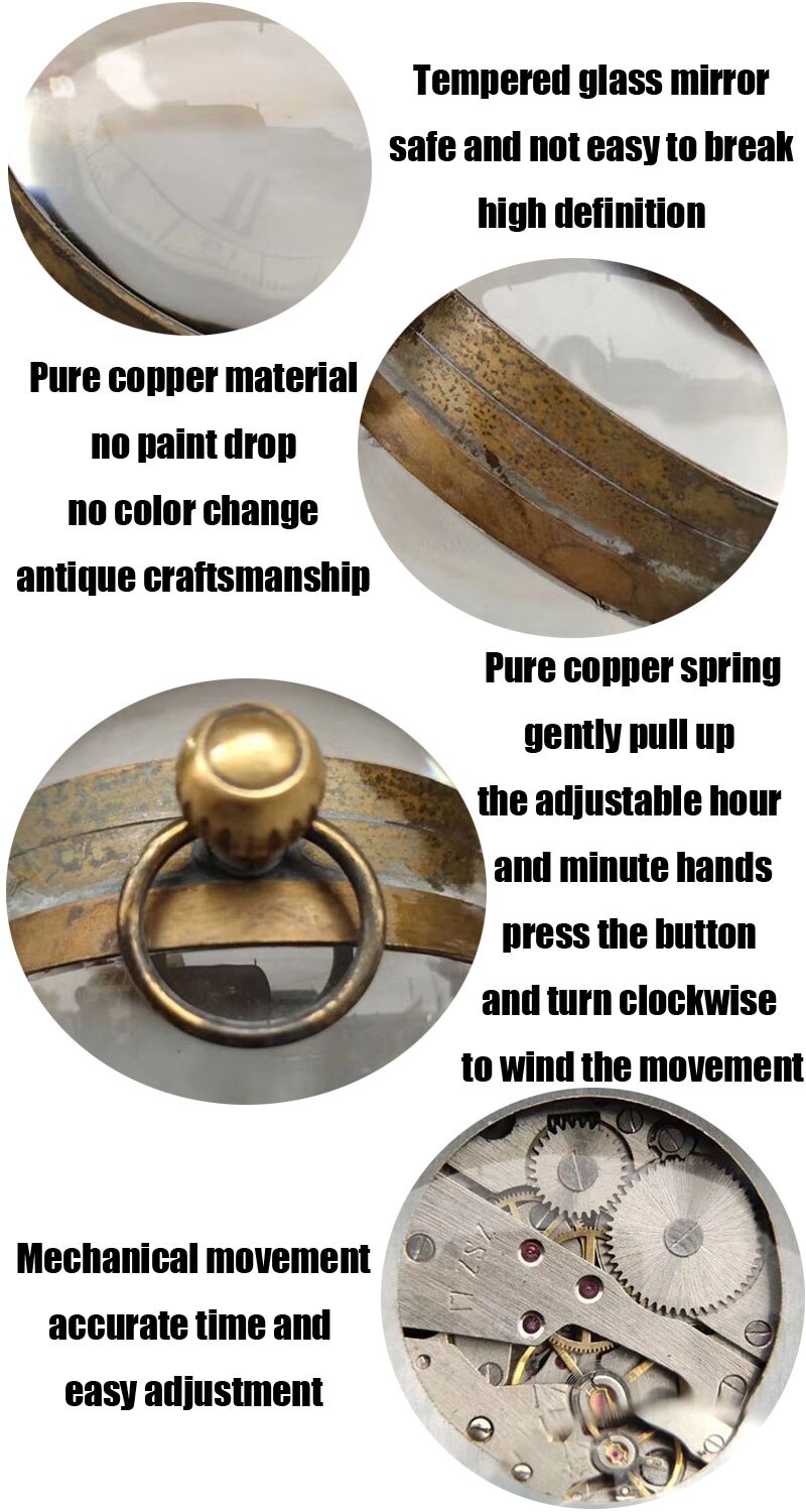 Retro clock 5cm brass glass ball mechanical ancient Roman table decoration ornaments