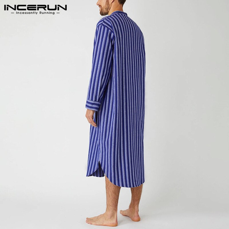 Men Striped Robes Sleepwear Stand Collar Long Sleeve Pockets Bathrobes Leisure Cozy Loose Mens Nightgowns Homewear S-5XL INCERUN