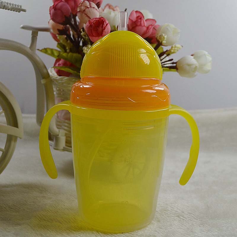 230ml schattige babybekers voor kinderen, kinderen leren eten, drinken, water drinken, drinkbeker, rietje, handvat, fles, mamadeira, tuitbeker, trainingsbeker: Geel