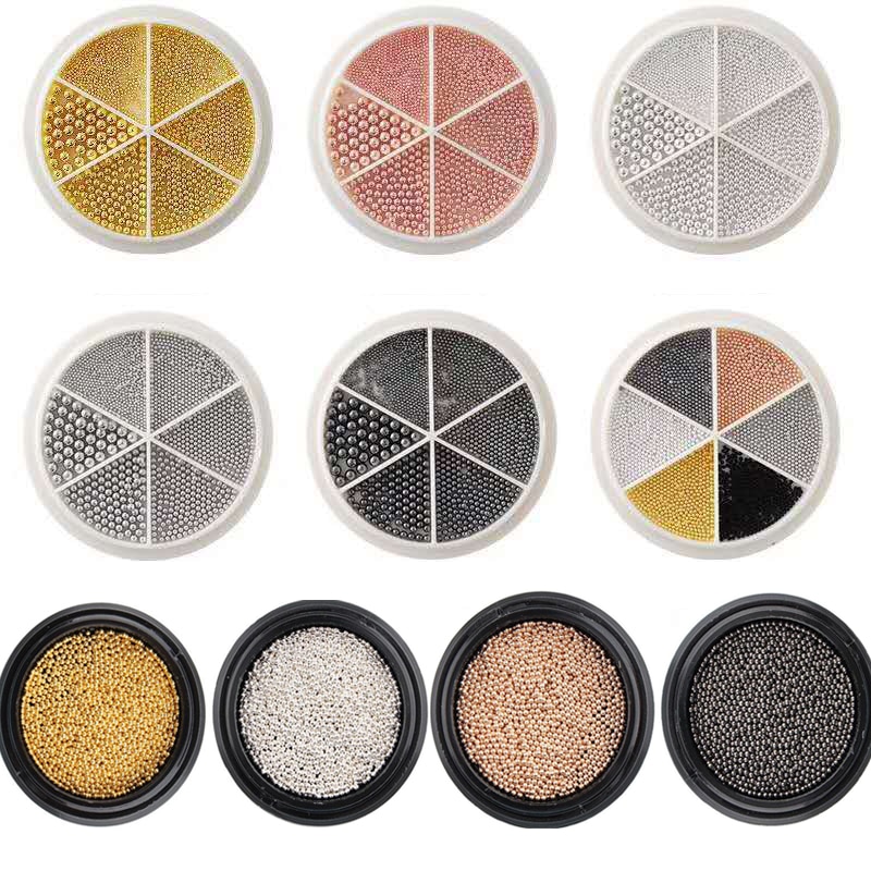 1Box Steel Balls Mini Metal Beads 6 Size s 1 Box Steel ball bead, 3D metal micro beads / no hole beads/ ball beads/ nail JK7676